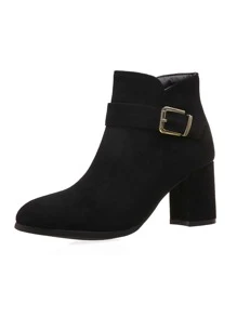 Buckle Decor Faux Suede Chunky Heeled Boots - Black - View 3
