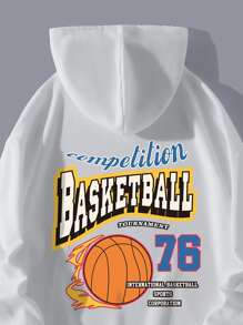 SHEIN EZwear Basketball & Letter Graphic Drawstring Thermal Lined Hoodie - White - View 3