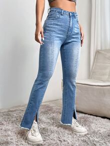 SHEIN Raw Cut Split Hem Flare Leg Jeans - Medium Wash - View 2