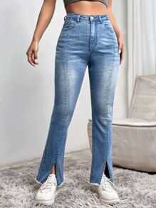SHEIN Raw Cut Split Hem Flare Leg Jeans - Medium Wash - View 1