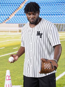 Manfinity Men Plus Vertical Striped & Letter Graphic Shirt - White - View 1