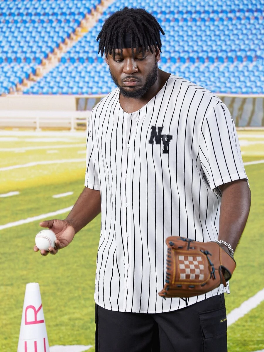 Manfinity Men Plus Vertical Striped & Letter Graphic Shirt - White - View 1