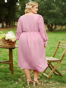 SHEIN CURVE+ Plus Solid V Neck Frill Detail Dress - Pink - View 9