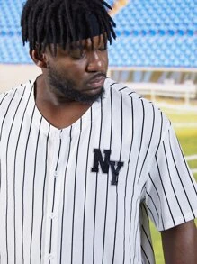 Manfinity Men Plus Vertical Striped & Letter Graphic Shirt - White - View 3