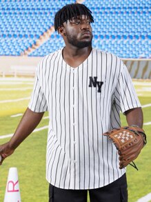 Manfinity Men Plus Vertical Striped & Letter Graphic Shirt - White - View 4