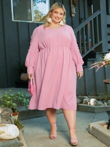SHEIN CURVE+ Plus Solid V Neck Frill Detail Dress - Pink - View 4