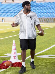 Manfinity Men Plus Vertical Striped & Letter Graphic Shirt - White - View 5