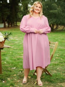 SHEIN CURVE+ Plus Solid V Neck Frill Detail Dress - Pink - View 7