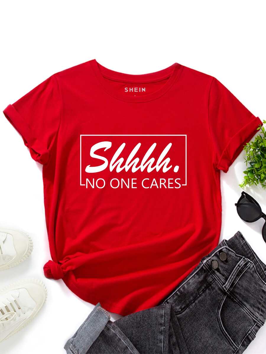 SHEIN LUNE Áo thun nữ Slogan Giải trí - Đỏ - Xem 1