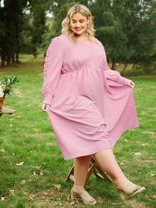 SHEIN CURVE+ Plus Solid V Neck Frill Detail Dress - Pink - View 2