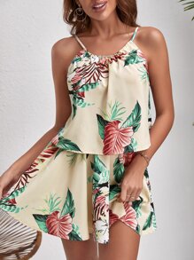 SHEIN VCAY Tropical Print Cami Top & Skirt - Yellow - View 1
