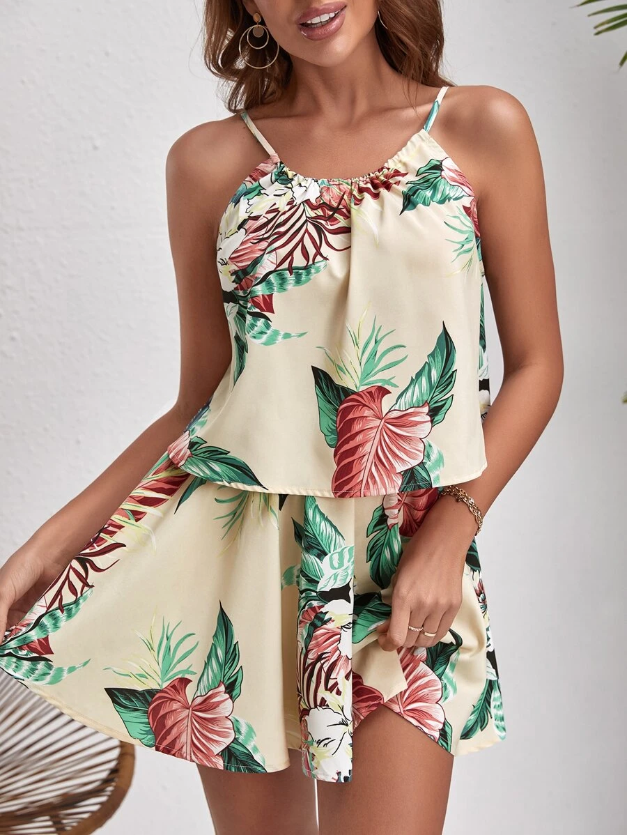 SHEIN VCAY Tropical Print Cami Top & Skirt - Yellow - View 1