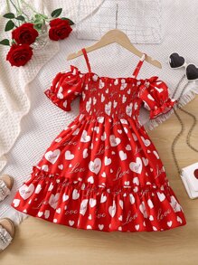 Niñas Vestido con estampado de corazón de hombros descubiertos bajo con fruncido - Rojo - Ver 1