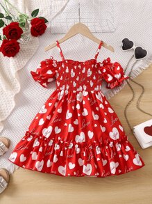 Niñas Vestido con estampado de corazón de hombros descubiertos bajo con fruncido - Rojo - Ver 2