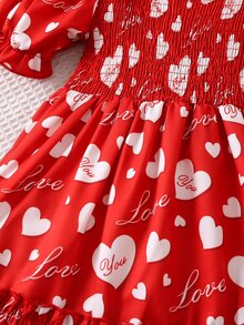Niñas Vestido con estampado de corazón de hombros descubiertos bajo con fruncido - Rojo - Ver 4