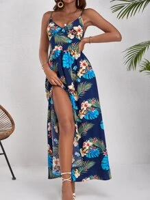 SHEIN VCAY Tropical Print Split Thigh Cami Dress - Multicolor - View 3