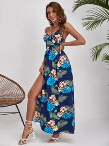 SHEIN VCAY Tropical Print Split Thigh Cami Dress - Multicolor - View 6
