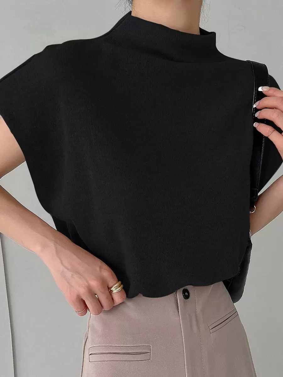 DAZY Funnel Neck Batwing Sleeve Tee - Black - View 1