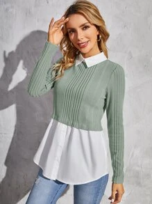 SHEIN Privé Button Front Colourblock 2 In 1 Top - Mint Green - View 1