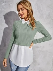 SHEIN Privé Button Front Colourblock 2 In 1 Top - Mint Green - View 3