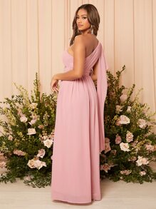 SHEIN Belle One Shoulder Ruched Chiffon Bridesmaid Dress Elegant Dress - Pink - View 5