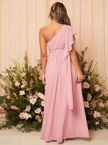 SHEIN Belle One Shoulder Ruched Chiffon Bridesmaid Dress Elegant Dress - Pink - View 3