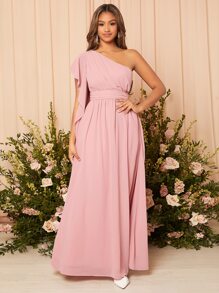 SHEIN Belle One Shoulder Ruched Chiffon Bridesmaid Dress Elegant Dress - Pink - View 6