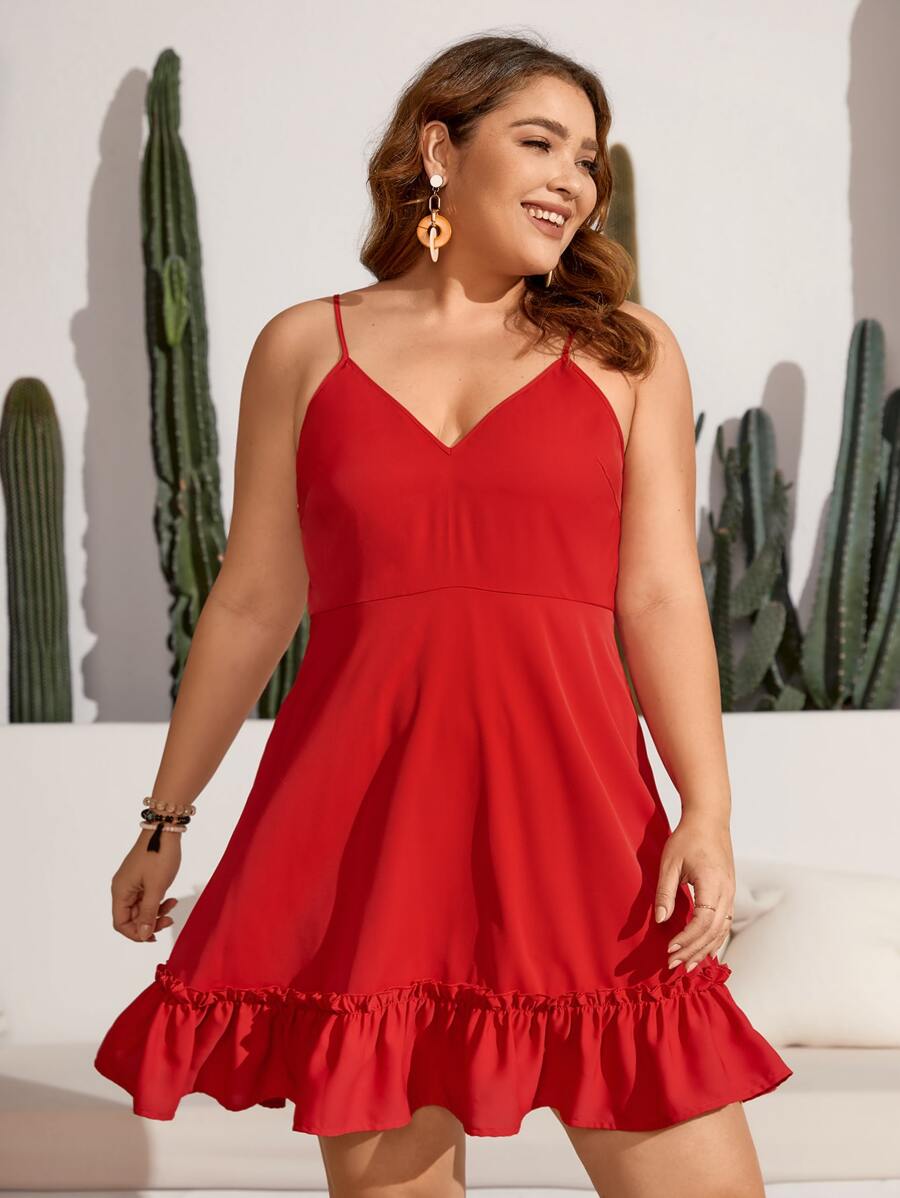 SHEIN VCAY Plus Ruffle Hem Cami Dress - Red - View 1