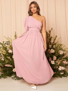 SHEIN Belle One Shoulder Ruched Chiffon Bridesmaid Dress Elegant Dress - Pink - View 7