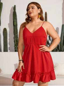 SHEIN VCAY Plus Ruffle Hem Cami Dress - Red - View 5