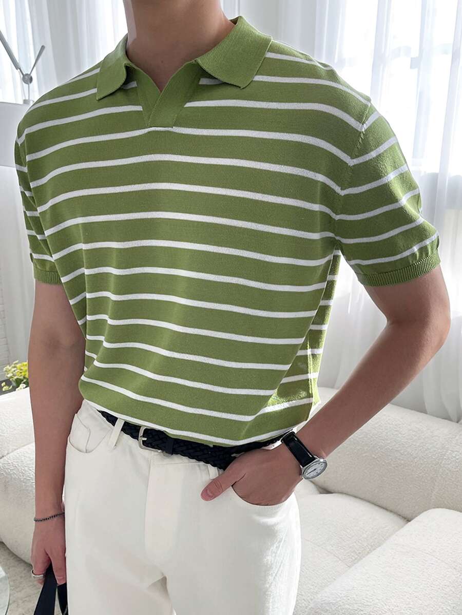 DAZY Men Striped Print Polo Neck Knit Top - Lime Green - View 1