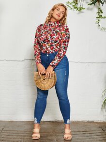 SHEIN Clasi Kaos Ukuran Plus Bunga All Over Print Casual - MultiWarna - View 5