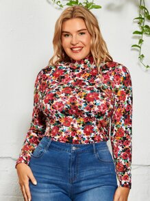 SHEIN Clasi Kaos Ukuran Plus Bunga All Over Print Casual - MultiWarna - View 6