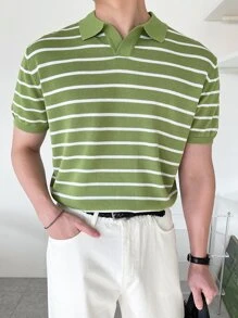 DAZY Men Striped Print Polo Neck Knit Top - Lime Green - View 4