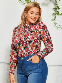 SHEIN Clasi Kaos Ukuran Plus Bunga All Over Print Casual - MultiWarna - View 1