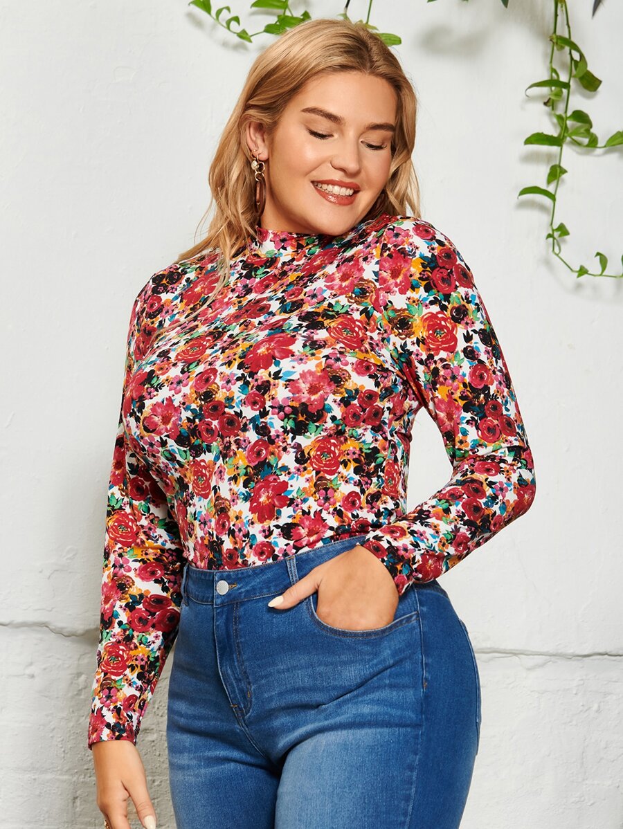 SHEIN Clasi Kaos Ukuran Plus Bunga All Over Print Casual - MultiWarna - View 1