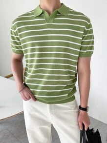 DAZY Men Striped Print Polo Neck Knit Top - Lime Green - View 6
