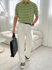 DAZY Men Striped Print Polo Neck Knit Top - Lime Green - View 7