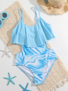 Girls Fluid Pattern Cut Out Flounce Hem One Piece Swimsuit - Blue and White - View 1