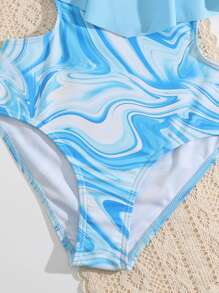 Girls Fluid Pattern Cut Out Flounce Hem One Piece Swimsuit - Blue and White - View 4