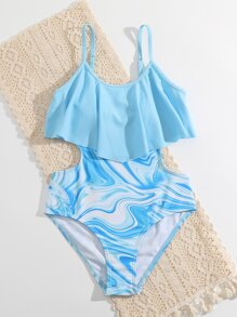 Girls Fluid Pattern Cut Out Flounce Hem One Piece Swimsuit - Blue and White - View 5