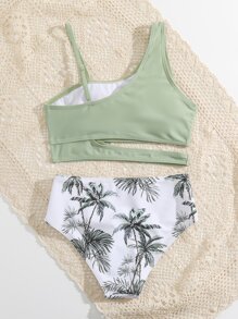 Tween Girl Coconut Tree Print Cut Out Bikini Set Summer Beach - Multicolor - View 2
