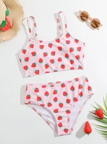 Conjunto de bikini con estampado de fresa para niña preadolescente, ideal para verano y playa - Rosa - Ver 1