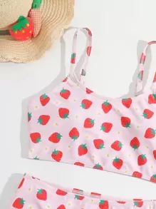 Conjunto de bikini con estampado de fresa para niña preadolescente, ideal para verano y playa - Rosa - Ver 3