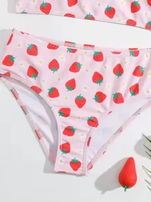 Conjunto de bikini con estampado de fresa para niña preadolescente, ideal para verano y playa - Rosa - Ver 4