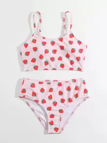 Conjunto de bikini con estampado de fresa para niña preadolescente, ideal para verano y playa - Rosa - Ver 5