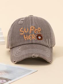 Niños Gorra de béisbol con bordado de letra & oso de dibujos animados desgarro - Caqui - Ver 3