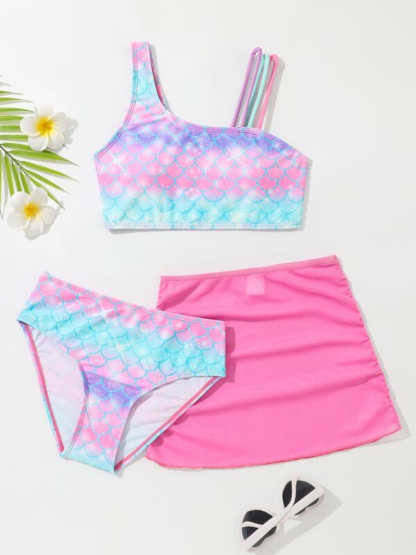 SHEIN Kids Y2Kool Girls Fish Scales Print Bikini Swimsuit With Beach Skirt SHEIN USA