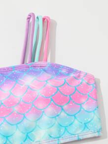 青少年女孩鱼鳞印花比基尼套装带沙滩裙夏季海滩 - 彩色 - 查看 3