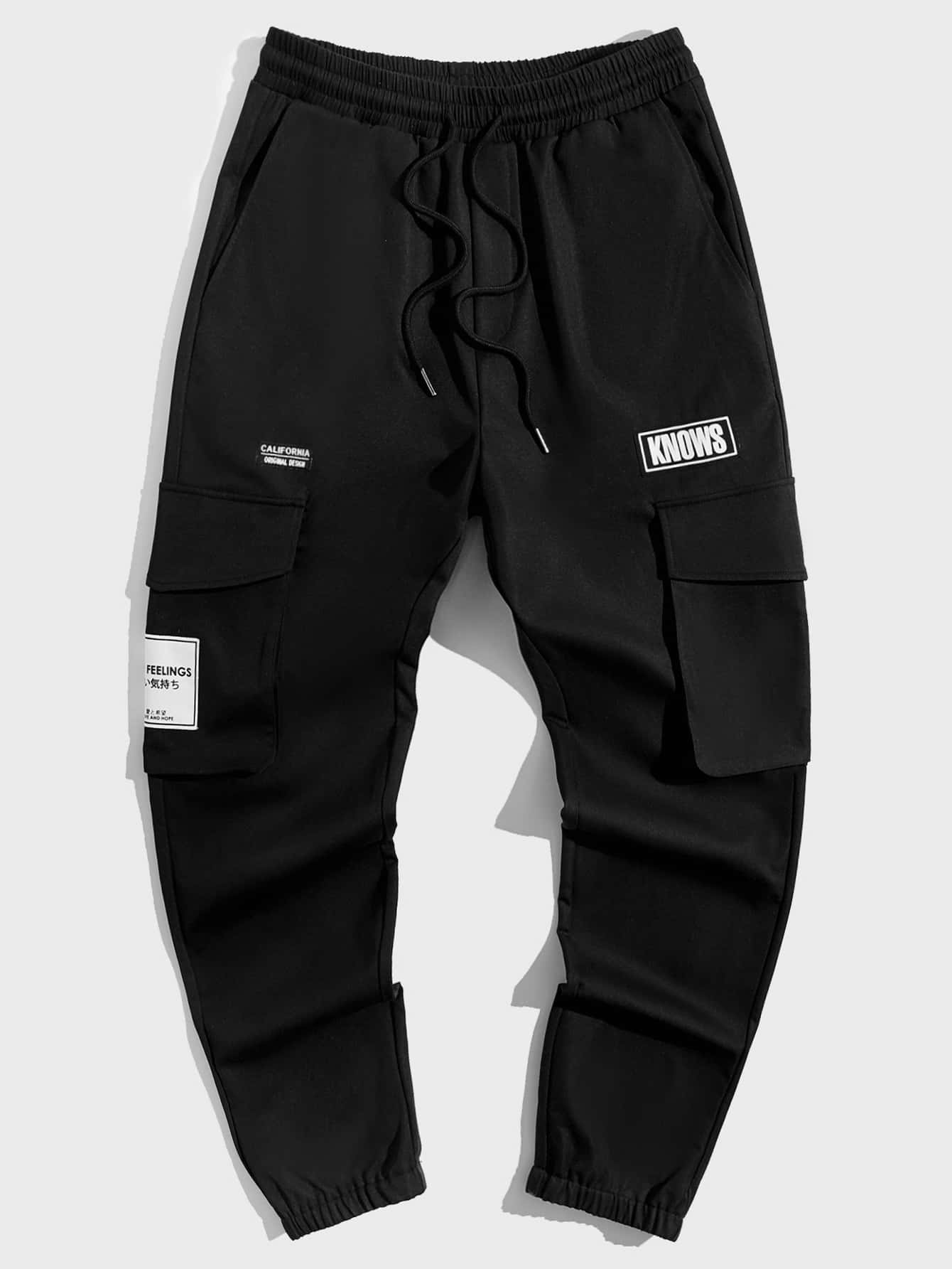 Manfinity Men Letter Graphic Flap Pocket Drawstring Waist Trousers - Black - View 1